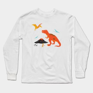 Jurassic Dinosaur in Blue + Red Long Sleeve T-Shirt